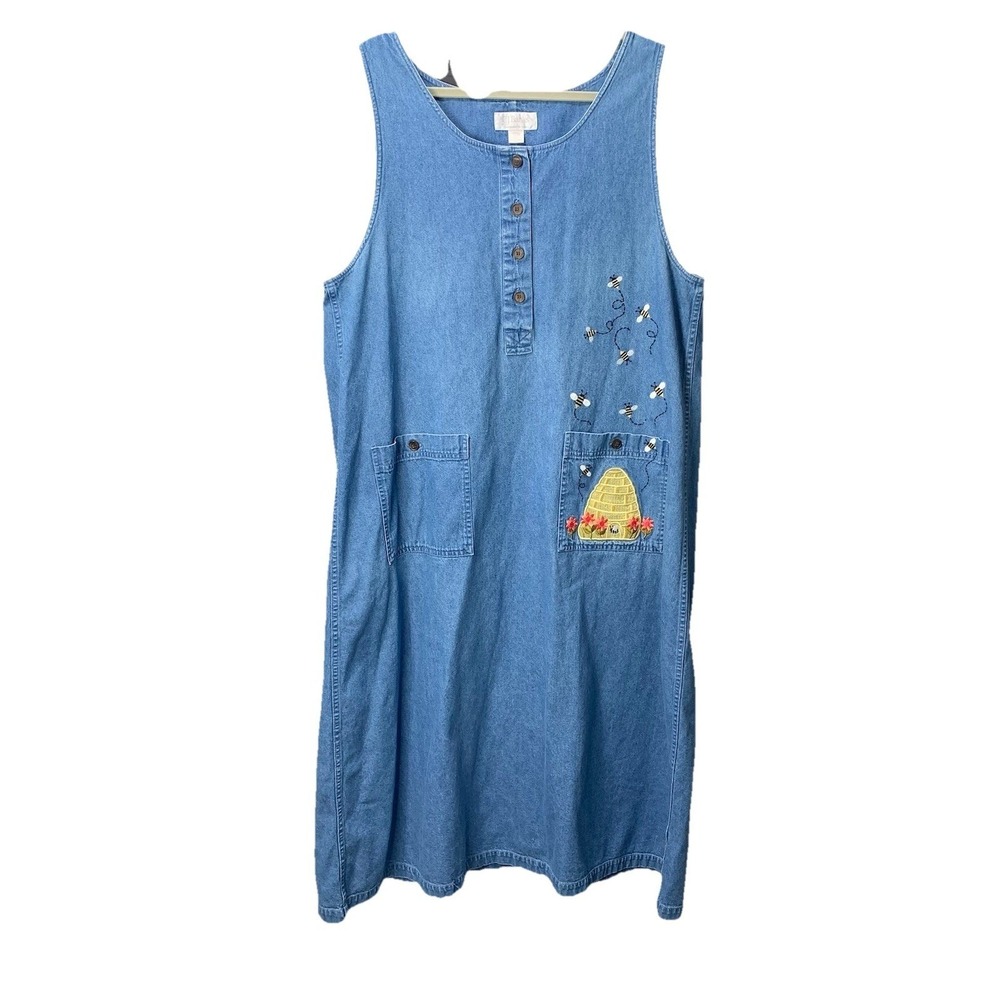 CJ Banks Denim Jumper Dress Womens 16W Blue Bee Embroidered Midi Pinafore - Picture 2 of 10
